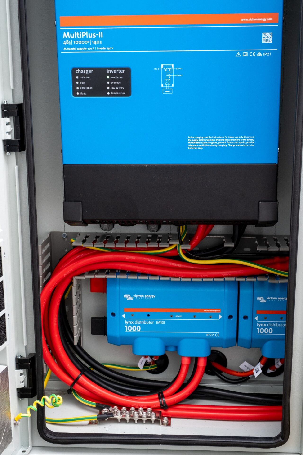 Detail van een Victron-omvormer en de bekabeling in een installatiekast