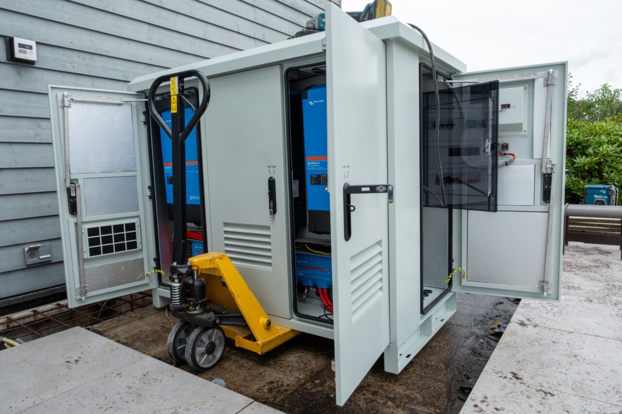Energieopslaginstallatie in buitenkasten naast een bedrijfspand